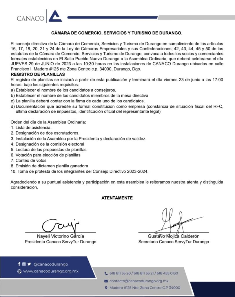 Emiten convocatoria para dirigencia de la Canaco en Pueblo Nuevo