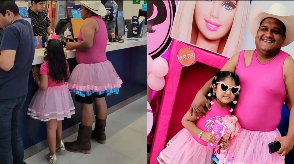 Padre se hace viral por ir vestido de rosa y con falda a ver la película de Barbie