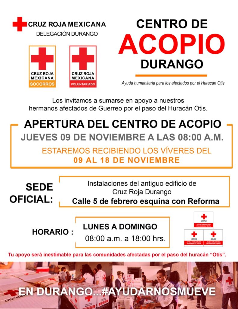 Cruz Roja Durango abre su Centro de Acopio en apoyo a damnificados de Acapulco