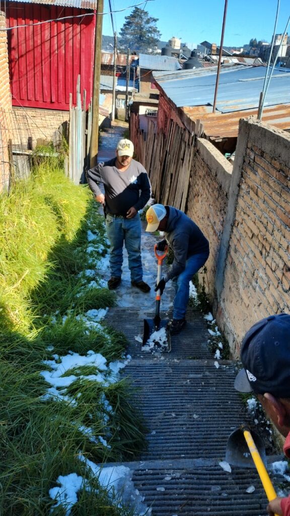 Personal de Servicios Generales limpian escaleras congeladas