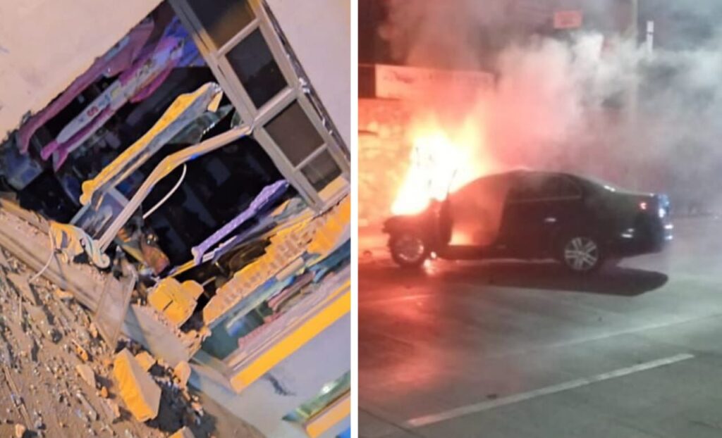 Conducía ebrio y choca su vehículo contra un negocio en el boulevard; la unidad se incendió