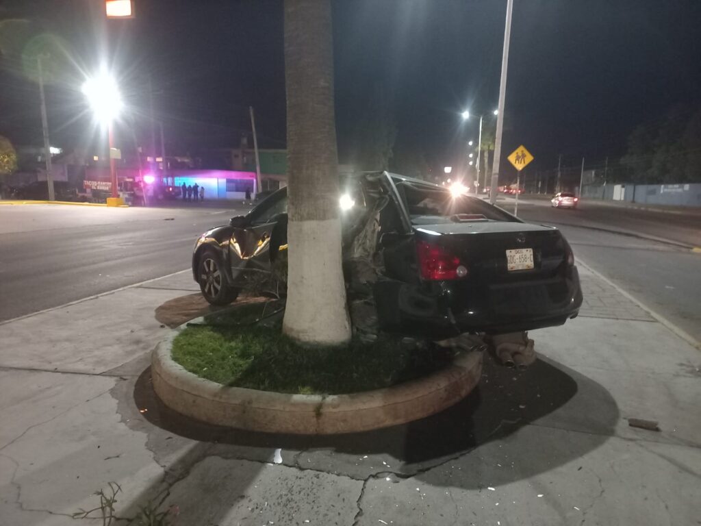 Auto choca y termina en camellón impactado con palmera