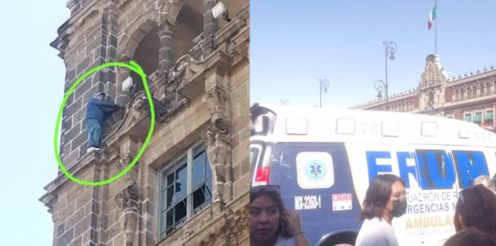 Hombre amenaza con saltar desde edificio de Gobierno en la CDMX en el Zócalo; así lo rescataron