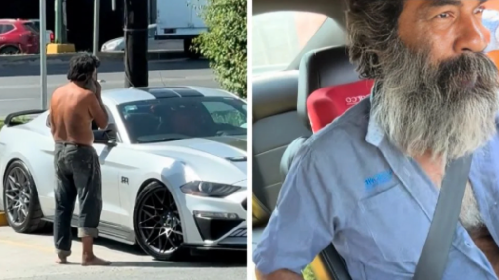 Invitan a indigente a subirse a un Mustang