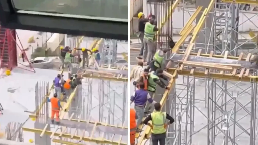 ¡Ni se meta, arqui! Albañiles se pelean en plena construcción