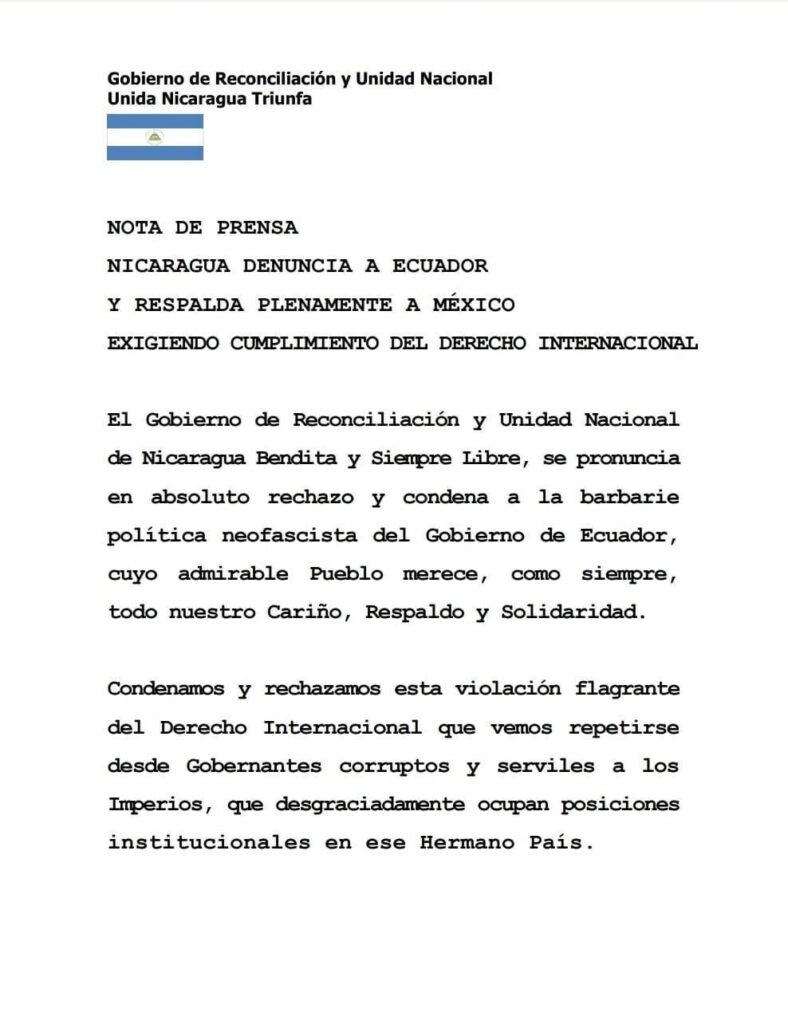 Nicaragua rompe relaciones con Ecuador tras agravio a México