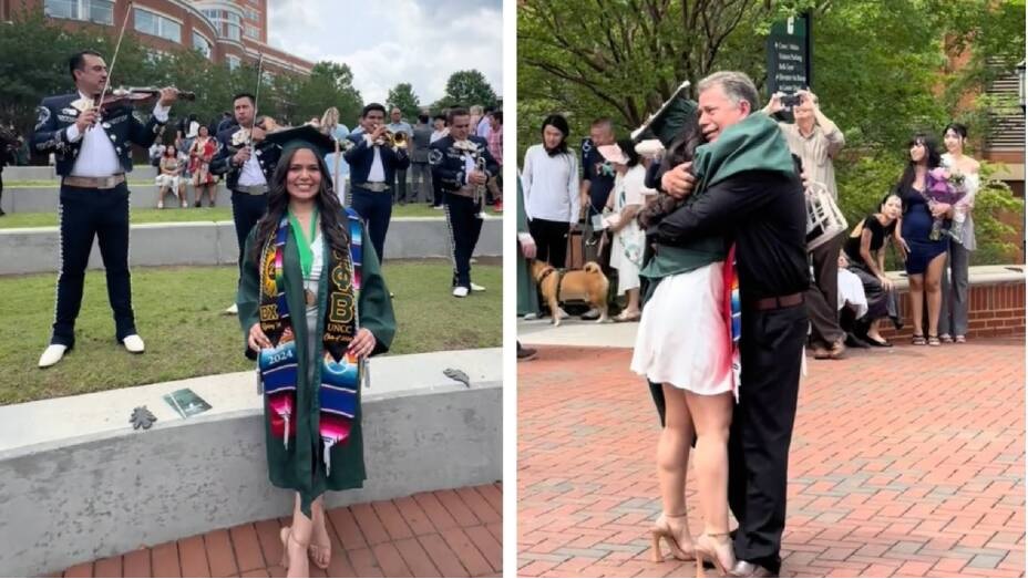 Mexicana se gradúa en EU y la sorprenden con mariachi