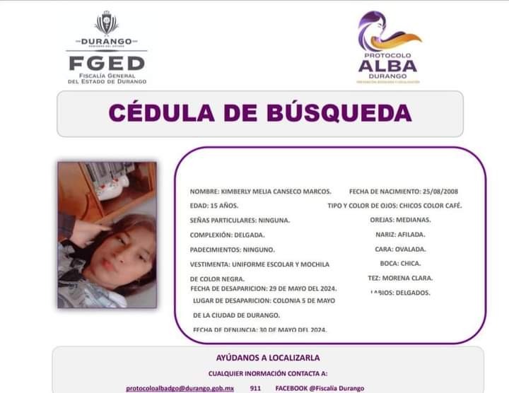 Adolescente reportada como desaparecida