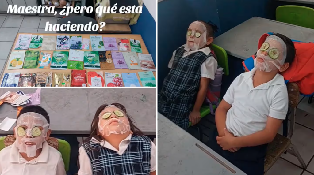 Maestra coloca mascarillas faciales a sus alumnos para combatir el calor