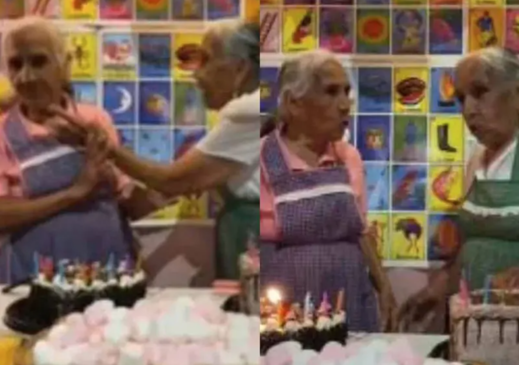 Dos abuelas gemelas discuten durante su primera partida de pastel de cumpleaños