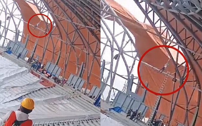 VIDEO: Trabajador es arrastrado por fuerte viento en remodelación del Estadio GNP
