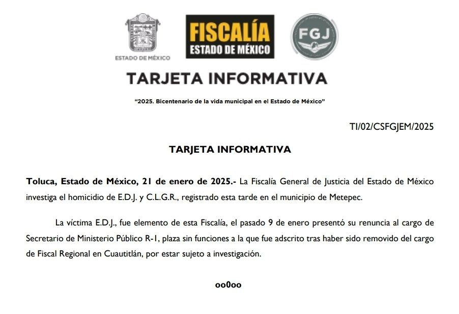 Exfiscal regional de Cuautitlán y empresario asesinados en Metepec