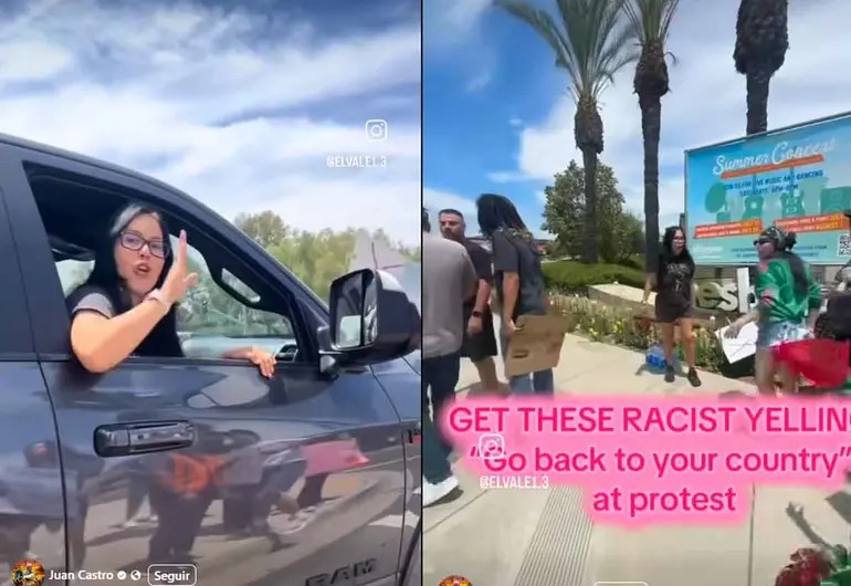 Mexicana insulta a migrantes latinos durante protesta en EU