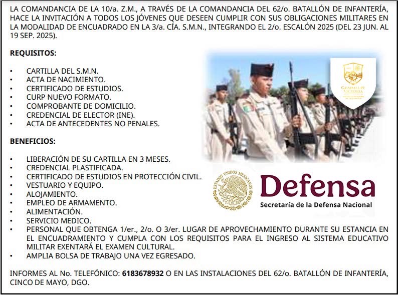 SEDENA invita a jóvenes a cumplir con el Servicio Militar