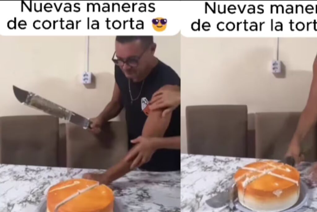 Hombre corta pastel de cumpleaños con machete