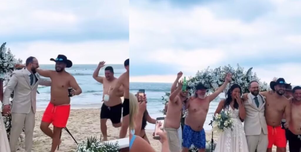 Turistas ebrios se cuela en la foto de unos novios
