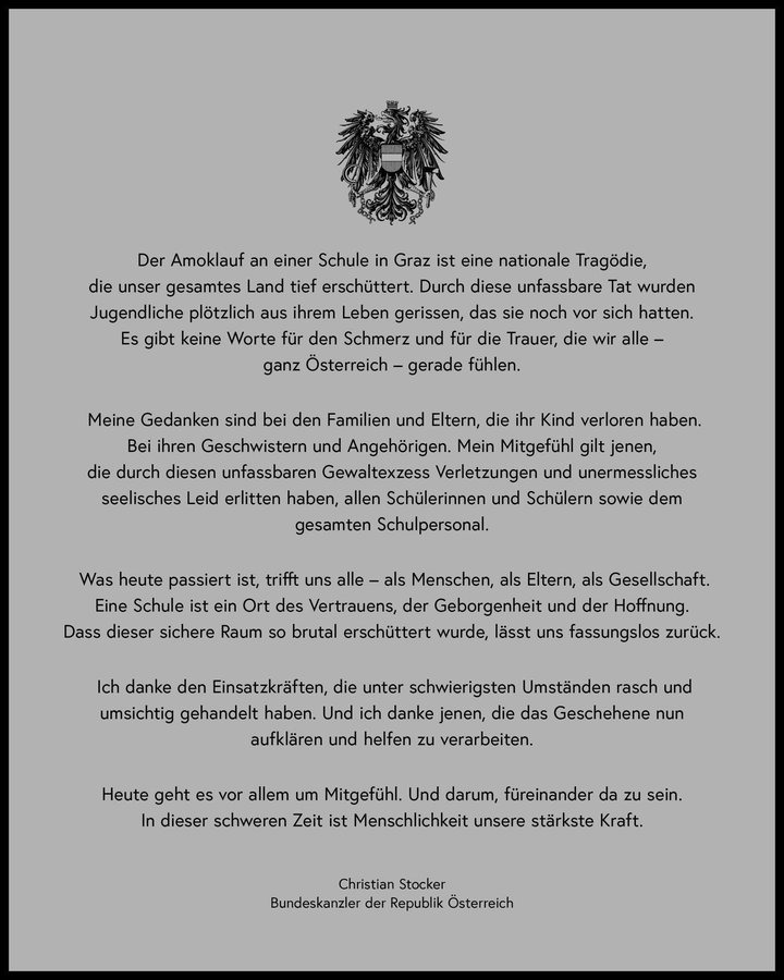 Canciller de Austria emite mensaje tras las tragedia en Graz