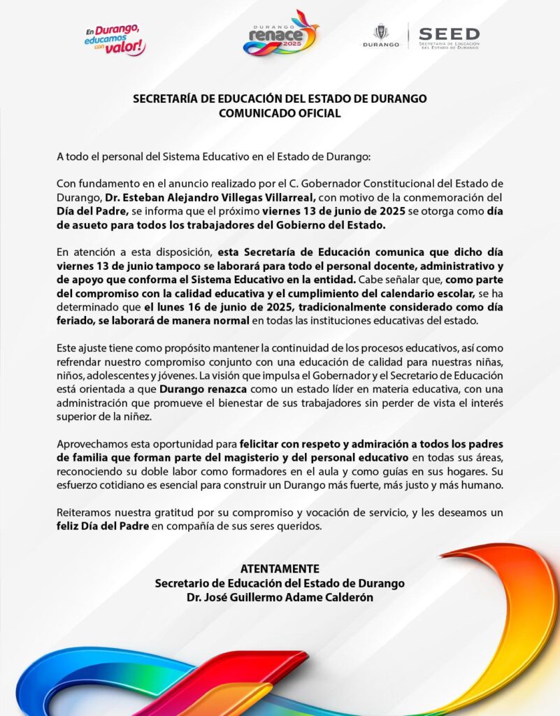 Confirma SEED día de asueto para celebrar el Día del Padre