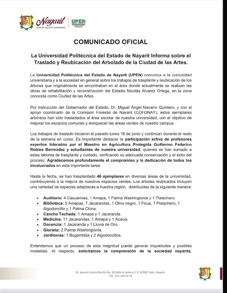 La Universidad Politécnica del Estado de Nayarit Informa sobre el Traslado y Reubicación del Arbolado de la Ciudad de las Artes.
