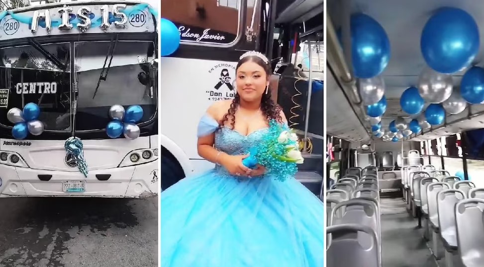 Quinceañera llega a su fiesta en camión urbano
