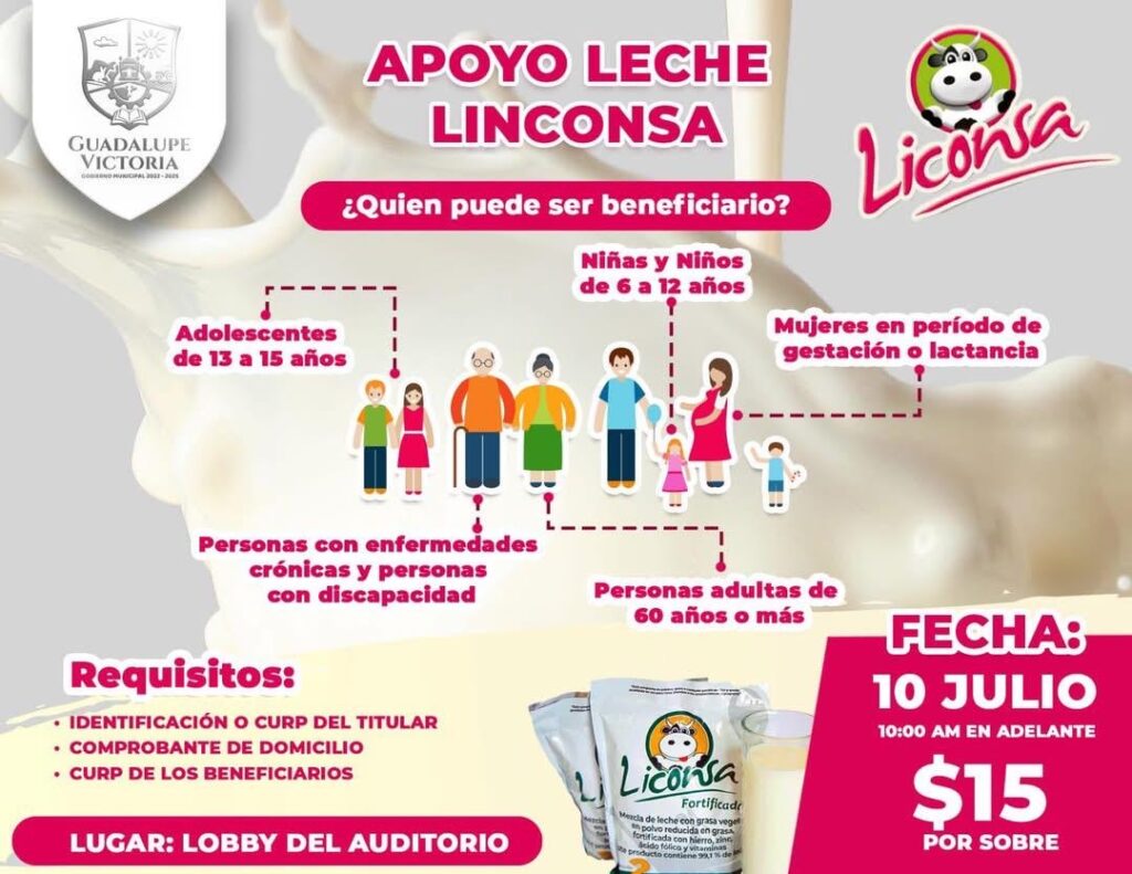 Este 10 de julio entregan apoyo de leche Liconsa en Guadalupe Victoria