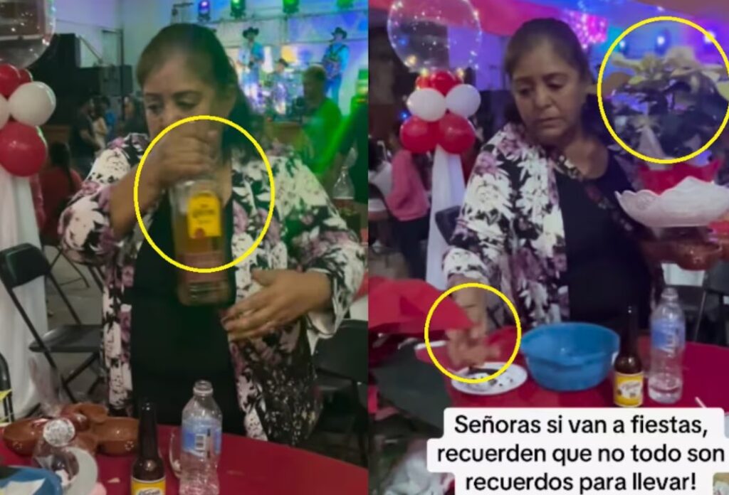 Mujer es captada llevándose más que el centro de mesa de la fiesta