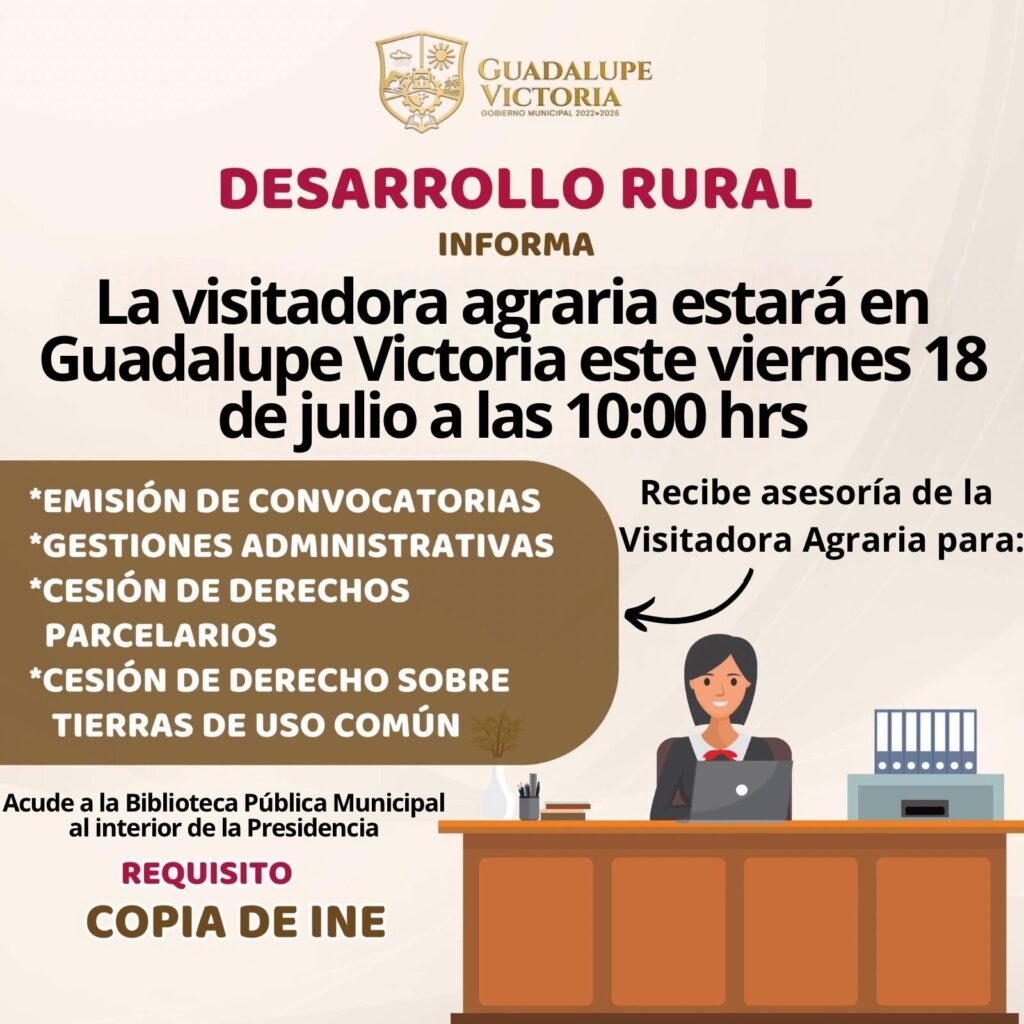 Visitadora agraria atenderá a ejidatarios con trámites y gestiones