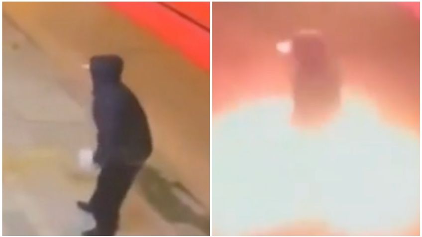 VIDEO:  ¡El karma lo alcanzó en segundos! Intenta incendiar un comercio y termina envuelto en llamas