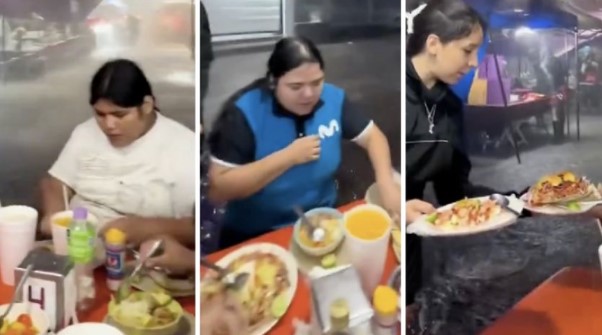 Familia desafía al clima al seguir comiendo bajo una fuerte tormenta