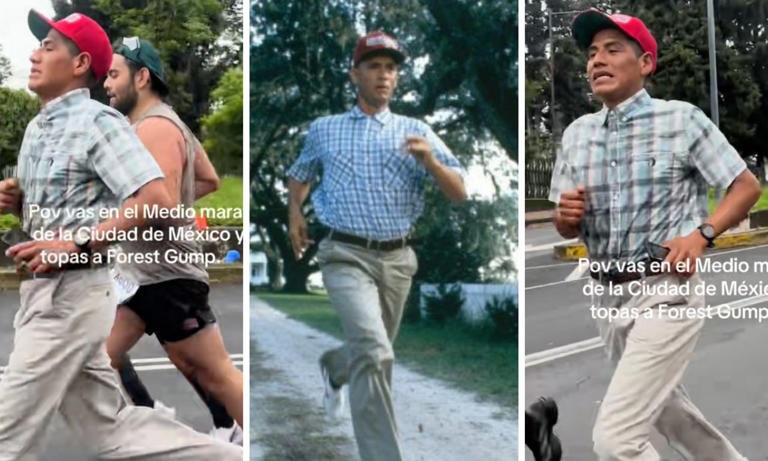 ¡Corre, Forrest, corre! Corredor vestido como Forrest Gump se roba el show en el Medio Maratón CDMX 2025