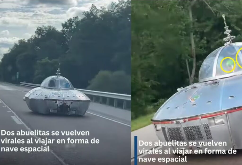 Abuelitas viajan en un auto con forma de platillo volador