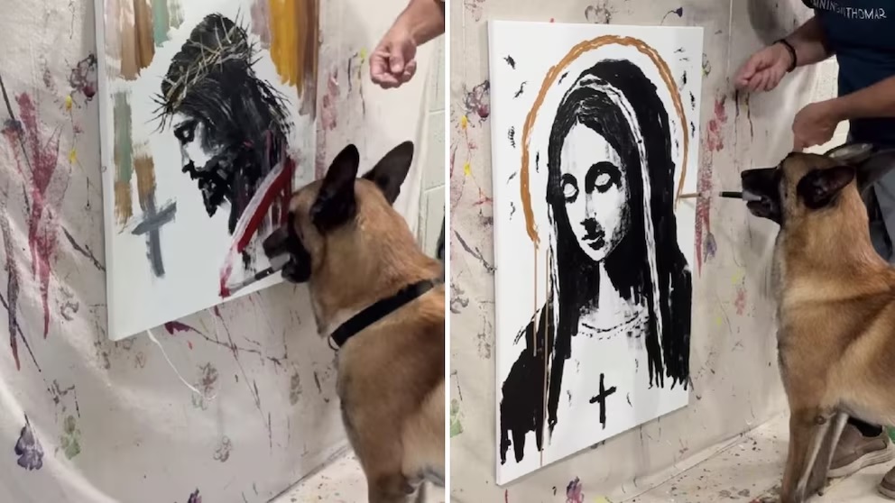 VIDEO: ¡Santo pincel! “Lomito Da Vinci” pinta a Jesucristo y la Virgen con el hocico