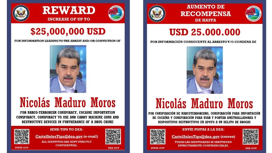 Estados Unidos aumenta la recompensa por Nicolás Maduro a 25 Millones de Dólares