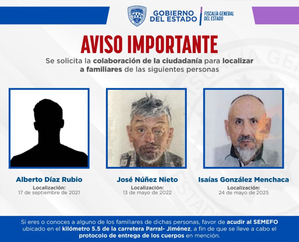 Solicita FGE apoyo para localizar a familiares de tres personas fallecidas, cuyos cuerpos se encuentran en el SEMEFO de Parral