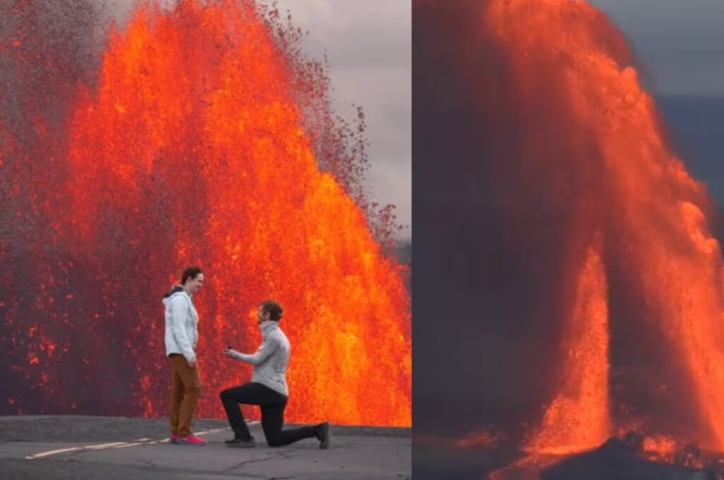 Hombre le propone matrimonio a su novia frente a un volcán en erupción