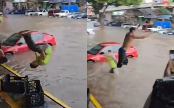 Arman competencia de clavados ante inundación en Mercado de Abastos de Guadalajara