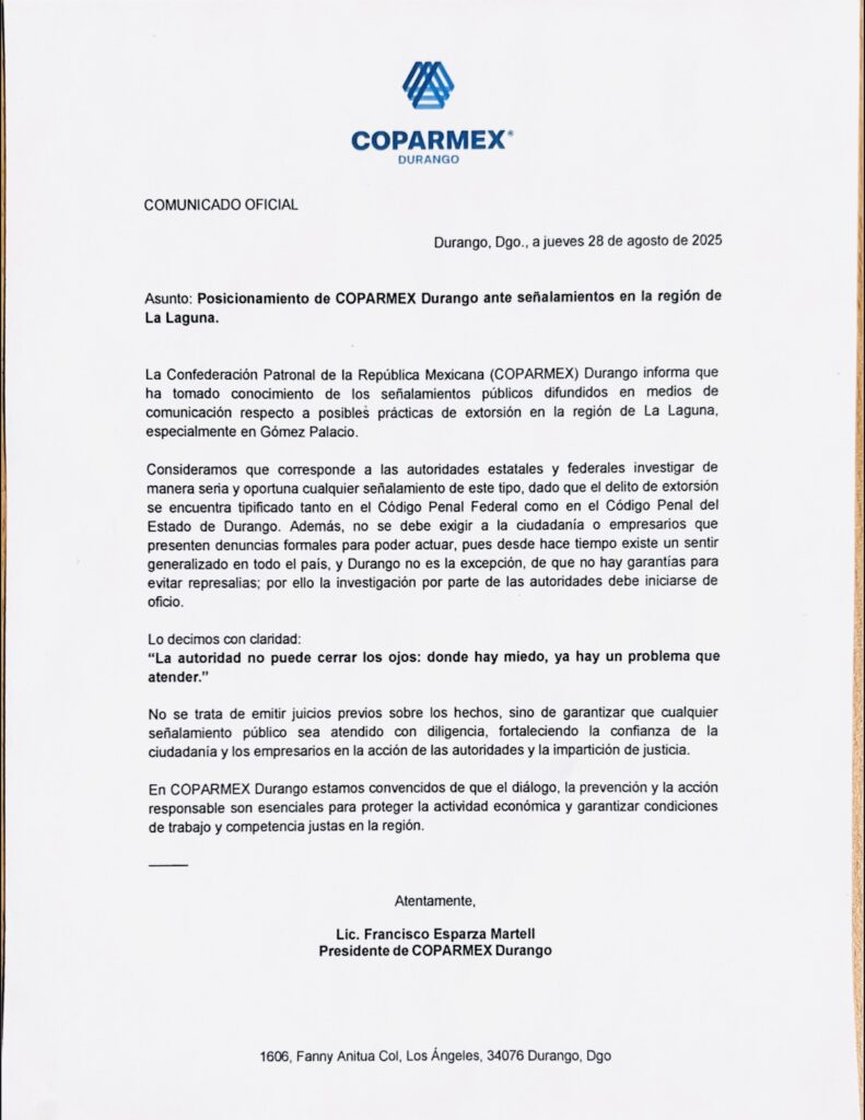 COPARMEX Durango exige investigar con seriedad la extorsión en La Laguna, reforzando la confianza de empresarios