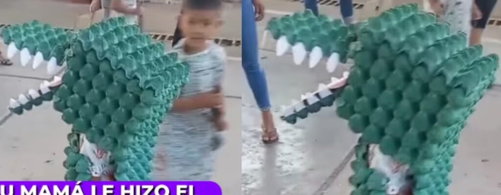 VIDEO: Niño se vuelve viral con ingenioso disfraz de dinosaurio hecho con cajas de huevo