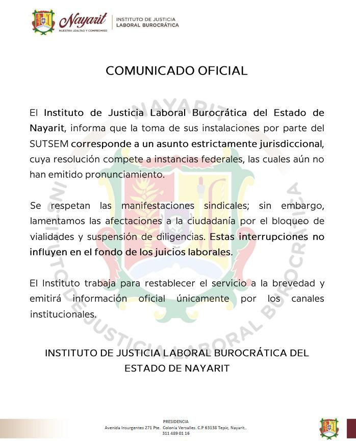Comunicado oficial sobre la toma de instalaciones del Instituto de justicia laboral burocrática del Estado de Nayarit