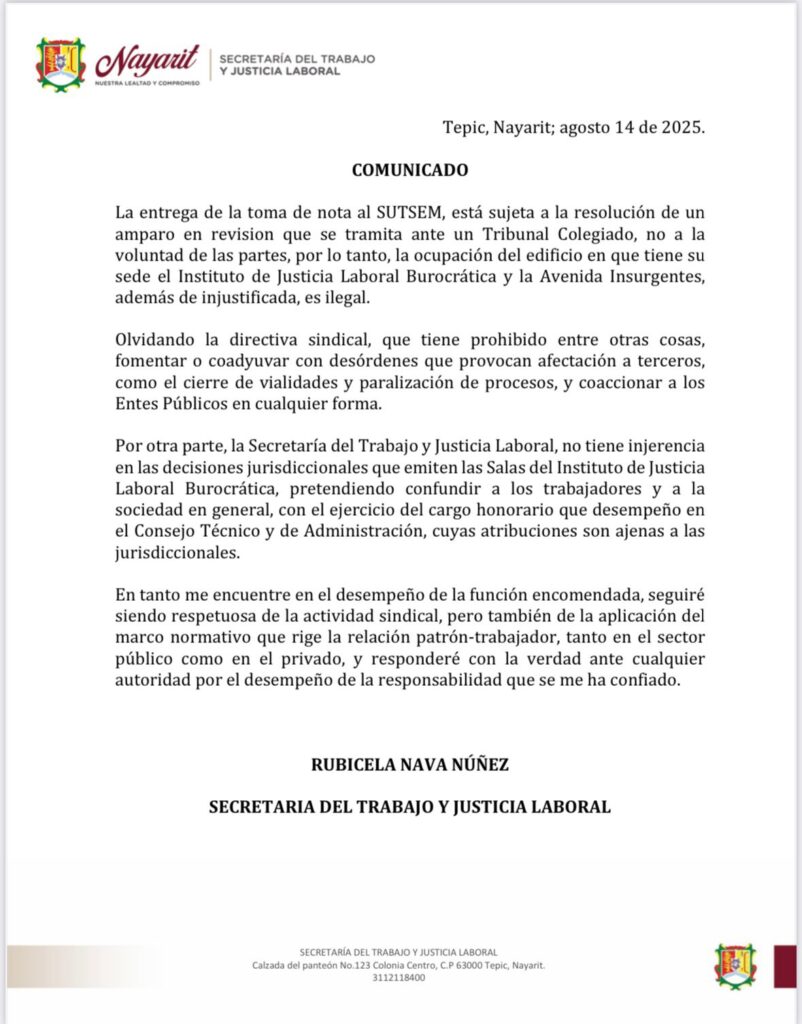 Comunicado oficial decalara ilegal toma de instalaciones por el SUTSEM