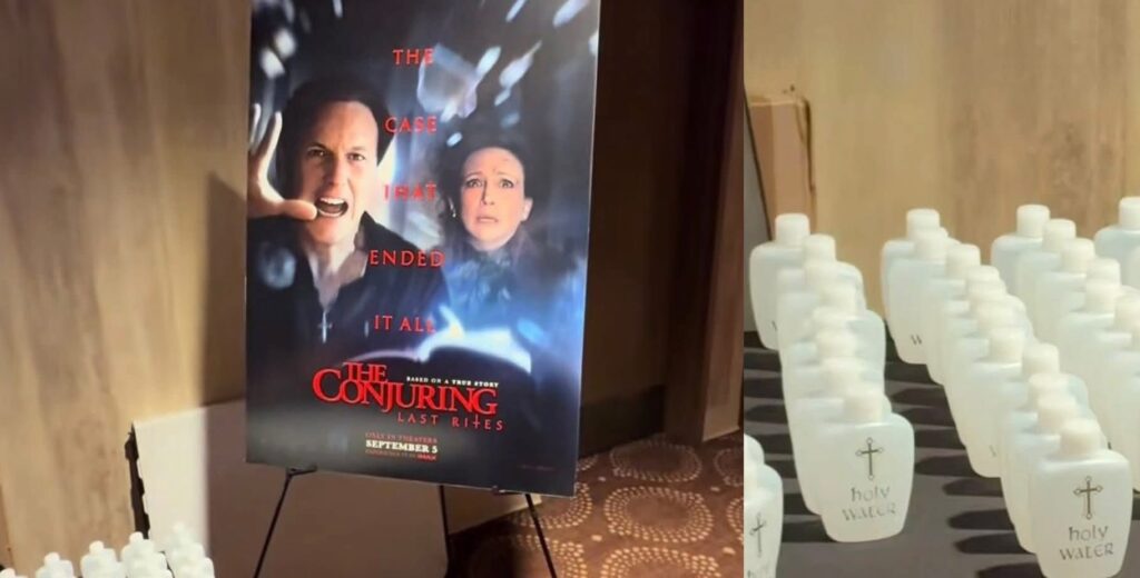 VIDEO: Sacerdote entrega botellitas de agua bendita afuera del cine a los asistentes a El Conjuro 4