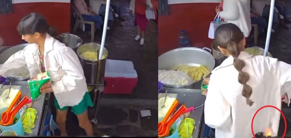 VIDEO: Joven se incendia el saco mientras servía tostielotes y no soltó su botana