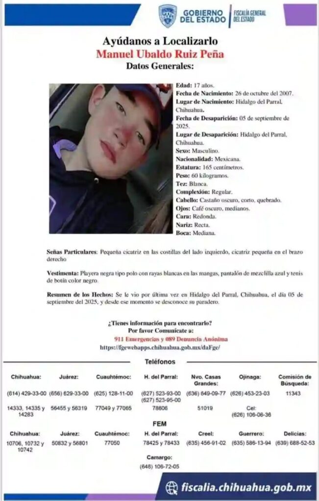 El encontrado sin vida en Casita se pudiera tratar del menor Manuel Ubaldo Ruiz Peña, privado de la libertad ayer en Parral