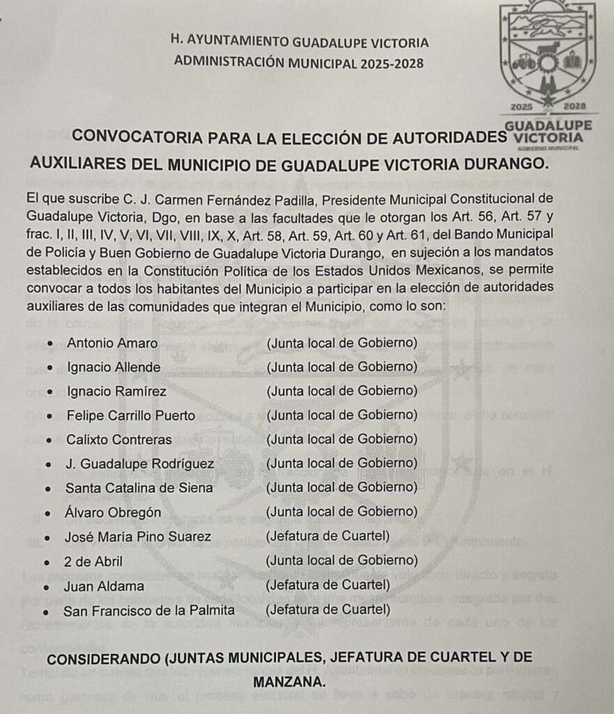 Convocan a elección de autoridades auxiliares en Guadalupe Victoria