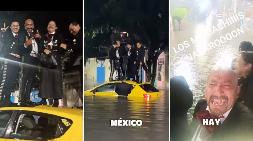 Mariachis quedan atrapados arriba de su auto tras inundación