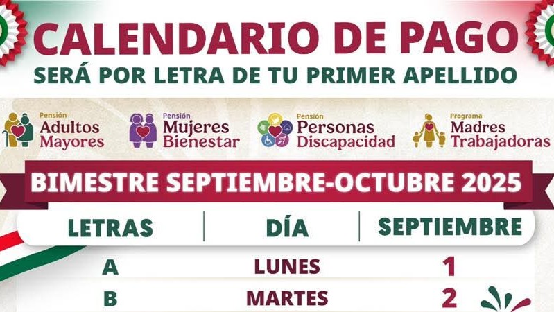 Calendario de pago Pensiones Bienestar, bimestre septiembre-octubre 2025