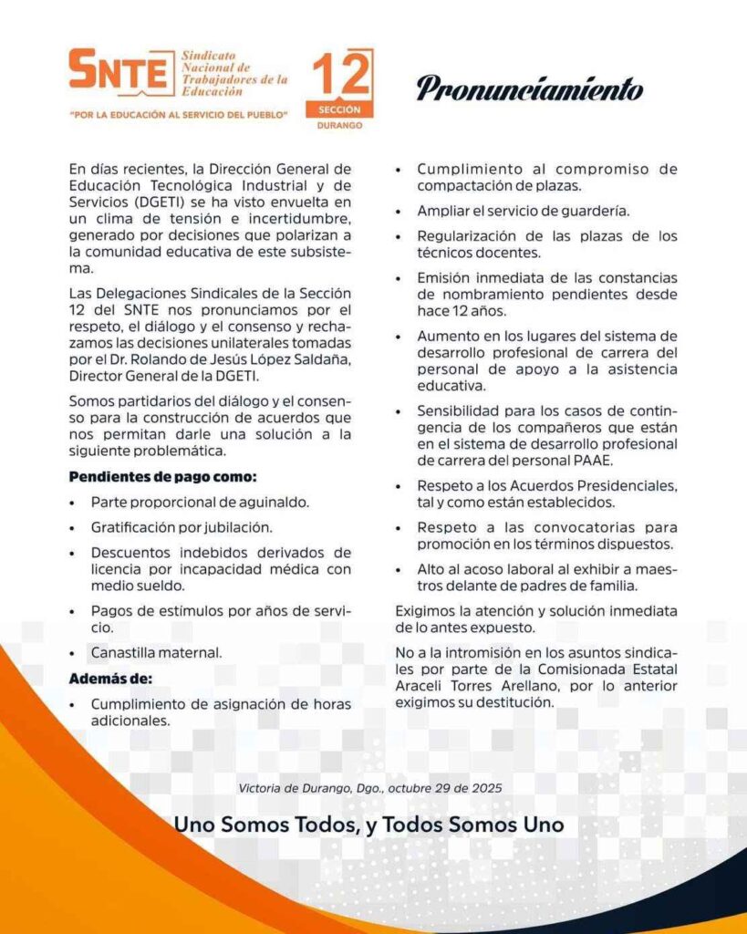 SNTE Sección 12: Exige pagos y rechazan decisiones unilaterales en DGETI