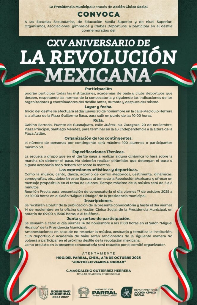 Invita Gobierno de Parral a participar en el Desfile del CXV Aniversario de la Revolución Mexicana