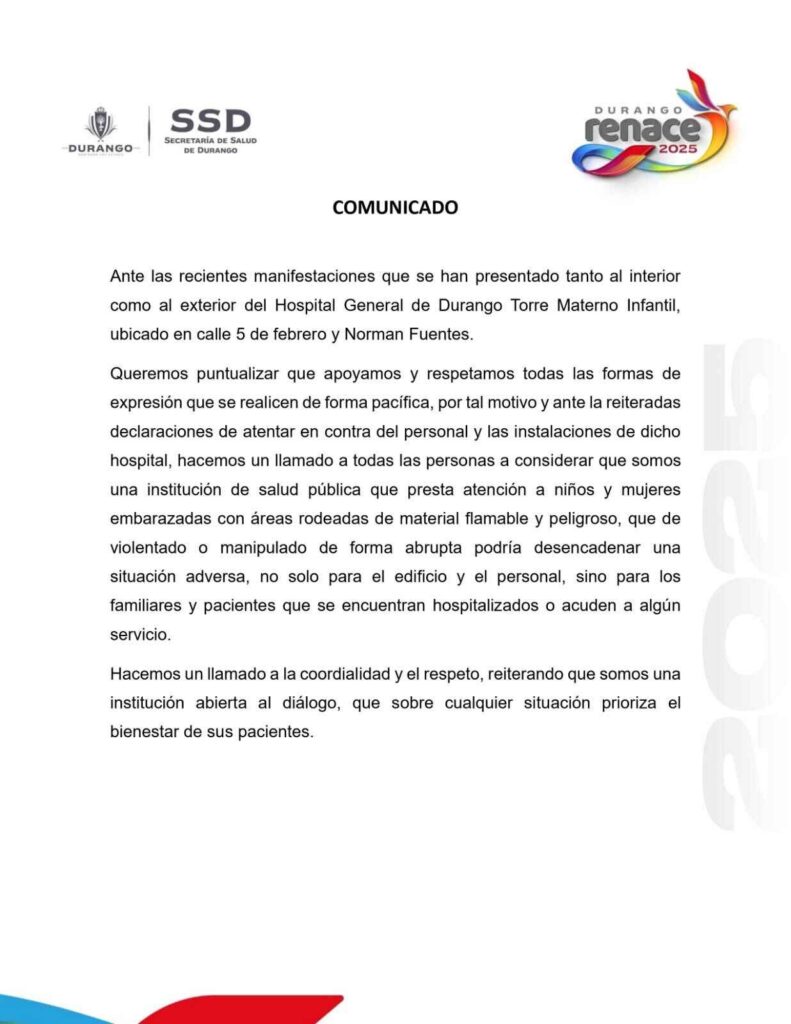 Secretaría de Salud de Durango llama a la calma tras manifestaciones