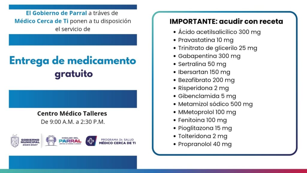 El Gobierno de Parral, a través del programa Médico Cerca de Ti, informa que se encuentra disponible el servicio gratuito de entrega de medicamentos para la población